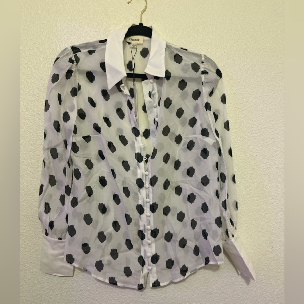 L’AGENCE Silk  Print Contrast Collar Long Sleeve Top Size XS